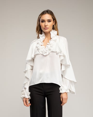 Satin blouse with ruffles at the neck and cuffs, ruffle detail on the sleeves