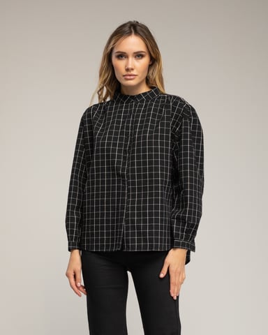 Checkered shirt with mandarin collar and embroidery on the shoulder and back