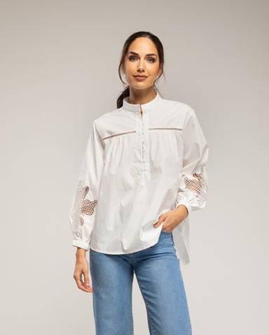 Shirt with mandarin collar, hemstitch detail, and decorative embroidery on the sleeves