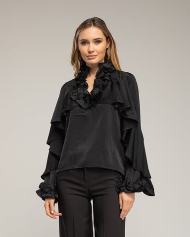 Satin blouse with ruffles at the neck and cuffs, ruffle detail on the sleeves