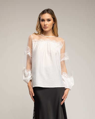 Chiffon blouse with tulle sleeves and shoulders and lace details