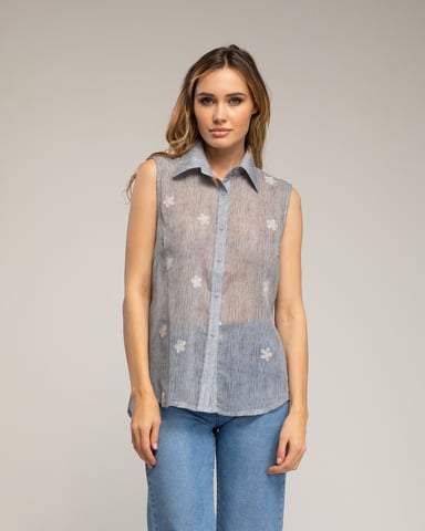 Semi-transparent sleeveless shirt with embroidered flowers