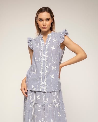 Striped blouse with embroidery and lace detailing with ruffles on the sleeves