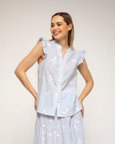 Striped blouse with embroidery and lace detailing with ruffles on the sleeves