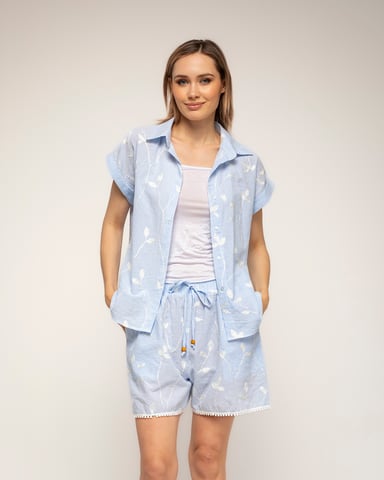 Striped blouse with embroidery and short, cuffed sleeves