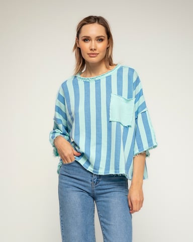 Short-sleeve striped sweatshirt with pockets and frayed edges