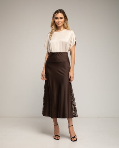 A-line satin midi skirt with side slits and lace, elastic waistband
