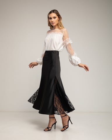 A-line satin midi skirt with side slits and lace, elastic waistband