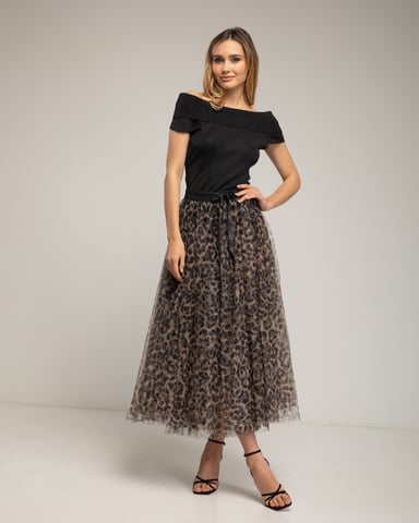 Multi-layered tulle midi skirt, A-line cut, animal print, elastic waistband