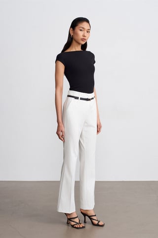 High-waist Striped Flare Trousers With Belt