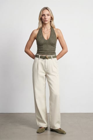 Mid-Waist Wide-Leg Pleated Trousers