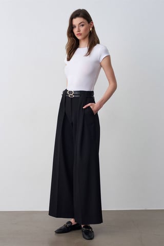 High-Waist Wide-Leg Pleated Trousers