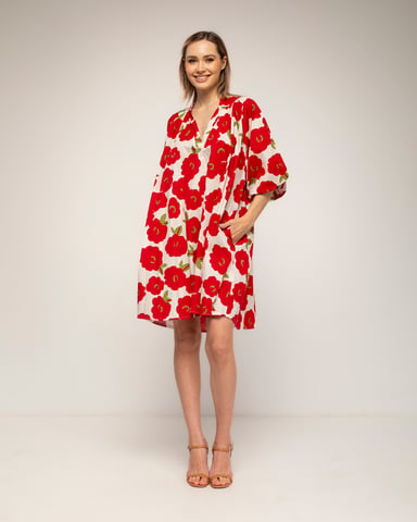 Short floral-print dress with puff sleeves and a V-neck 