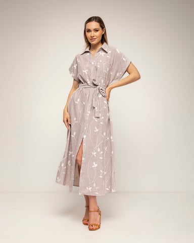 Striped, embroidered midi shirt dress with a belt