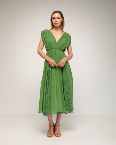 Midi dress with a flared skirt and lace details, featuring a V-neckline in the front and back