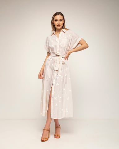 Striped, embroidered midi shirt dress with a belt