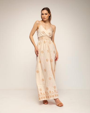 Strapless dress with floral embroidery and a gathered back