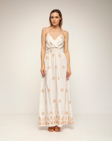 Strapless dress with floral embroidery and a gathered back