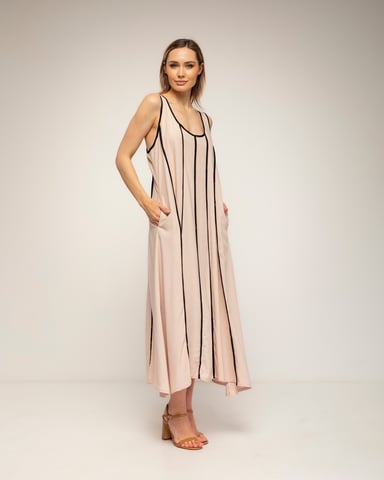 Long A-line dress, two-tone with straps and a gathered back