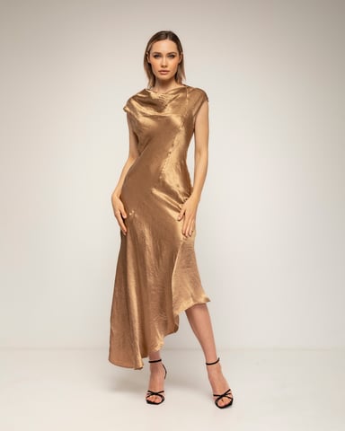 Midi dress with a silk-textured boat neckline and an asymmetrical hem