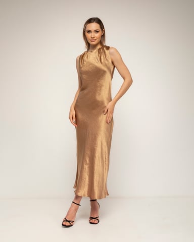 Silk-textured midi dress with a gathered neckline, straight and flowing