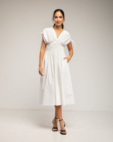 Midi dress with elastic waist and chest, gathered sleeves, and pockets
