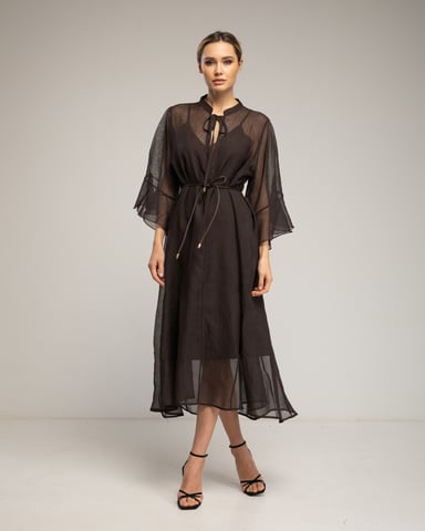 Semi-transparent dress with ruffled sleeves and pleats at the hem. Separate lining.