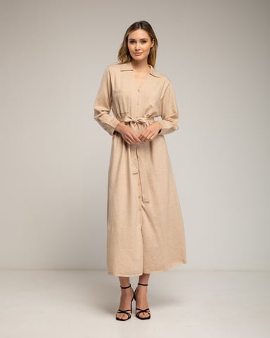 Long knit shirt dress with chest pockets and belt