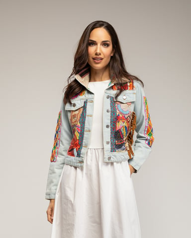 Denim jacket with embroidered African design and sequins