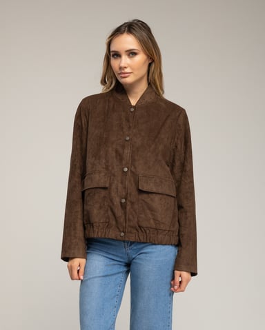 Suede-style jacket with snap closure, front pockets with flaps, and gathered waist 