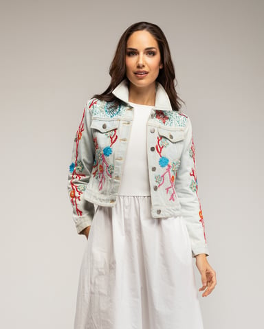Denim jacket with embroidered marine design and sequins