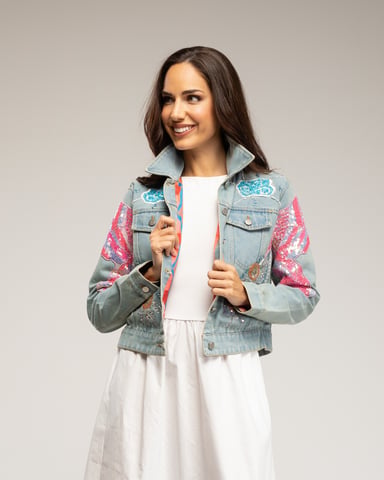 Denim jacket with embroidered butterfly design and sequins