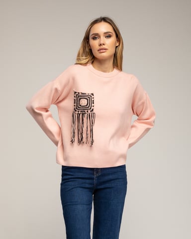 Knitted sweater with pocket and crochet detail
