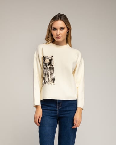 Knitted sweater with pocket and crochet detail