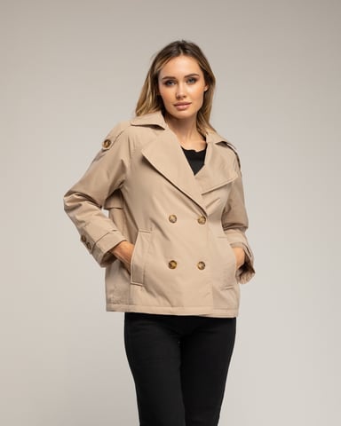Short quilted trench coat with double-breasted buttons, side pockets, and flared back