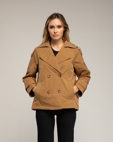 Short quilted trench coat with double-breasted buttons, side pockets, and flared back