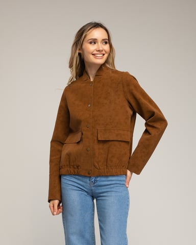 Suede-style jacket with snap closure, front pockets with flaps, and gathered waist