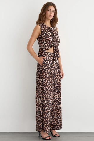 Mid-Rise Wijde Pantalon met Dierprint en Koordstrik