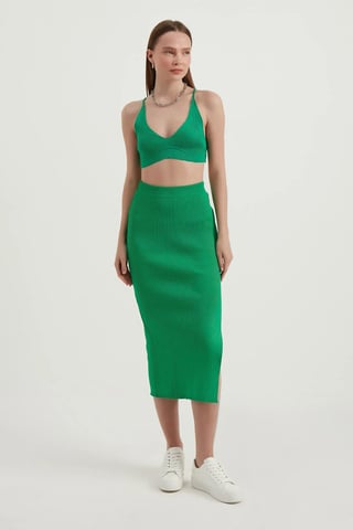 2 Stuks: V-hals Bodycon Crop Top & Hoge Taille Maxi met een Zijsplit