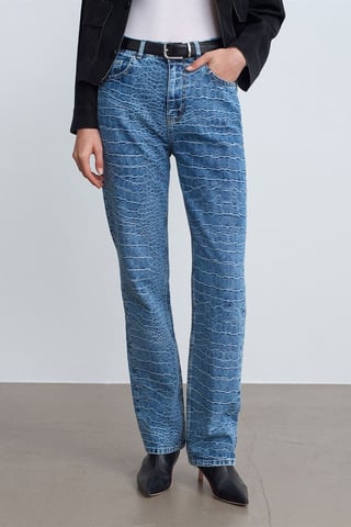 High-Waist Straight Leg Textured Jeans