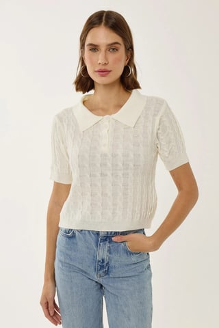 Shirtkraag Gebreide Top met Haar Vlecht Patroon