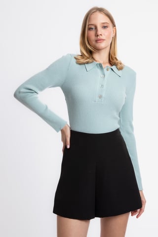 Solid Polo Collar Ribbed Casual Sweater