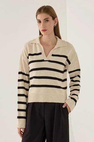 Striped Polo Collar Knit Sweater