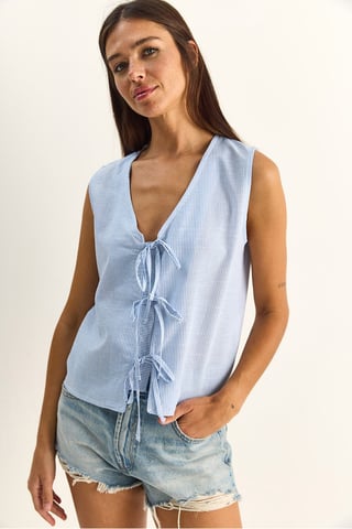 Striped V-Neck Blouse with Tie Detail
