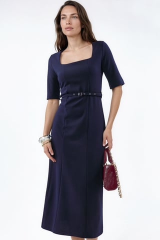 Belted Midi Dress with Square Collar
