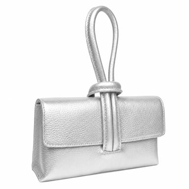 Women’s Italian Leather Clutch Bag, Convertible Crossbody Shoulder Wristlet Purse in Silver