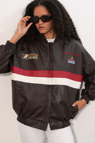 Fitted Crop Faux Leather Bomber Jacket with Bow