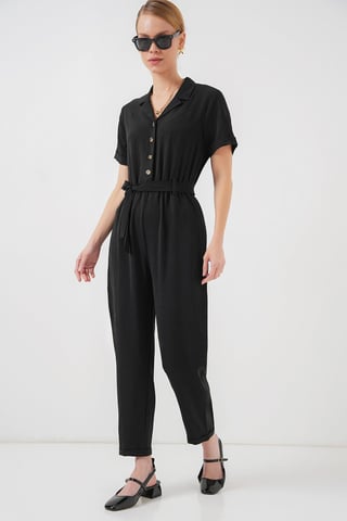 Solid Woven Shirt-collar Jumpsuit With Bow Detail