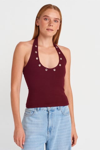 Crop Halterneck Ribbad Blus Med Stendetalj
