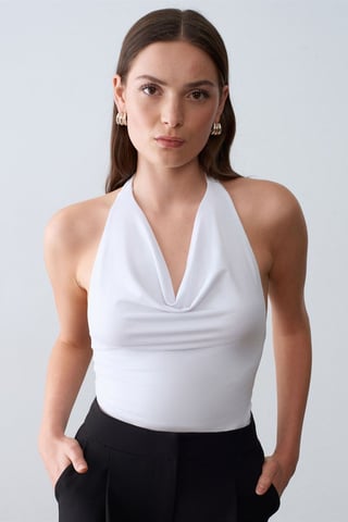 Sleeveless Cowl Neck Tie Blouse